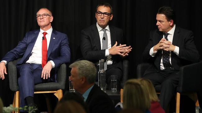 Jay Weatherill, Steven Marshall and Nick Xenophon at the SA Press Club political leaders’ debate. Picture: Calum Robertson