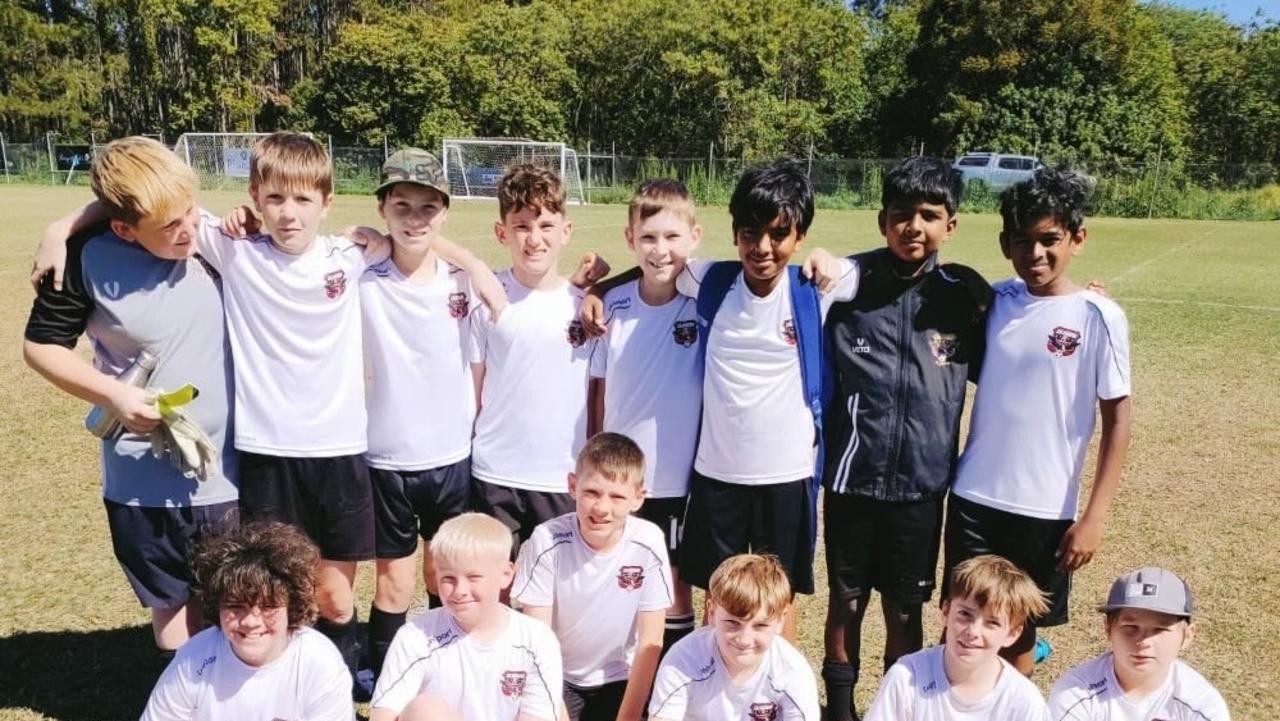 Caloundra FC under-11 players Corey Hammond, Joel Greenlees, Flynn Lude, Noah Marston, Marshall Taylor, Tim Ajex, Evan Shiju, Joshua Siji, Hudson Young, Blanke Linthwaite, Kaleb Broughton, Hudson Gillespie, Campbell Fisher, Callum Stimson celebrate being named Team of the Week. Picture: Caloundra FC