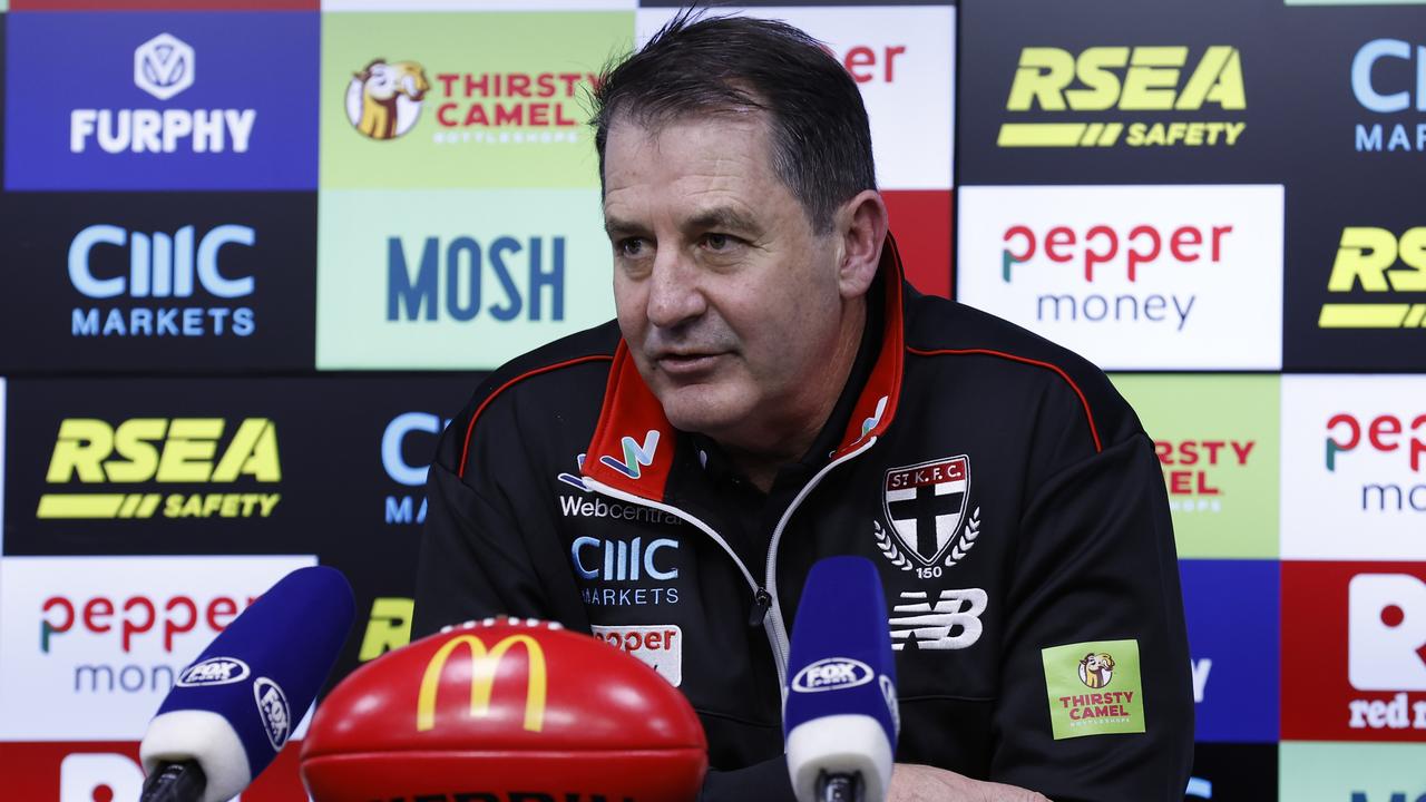 MELBOURNE, AUSTRALIA - JULY 23: Ross Lyon, Senior Coach of the Saints speaks to the media after the round 19 AFL match between St Kilda Saints and North Melbourne Kangaroos at Marvel Stadium, on July 23, 2023, in Melbourne, Australia. (Photo by Darrian Traynor/Getty Images)
