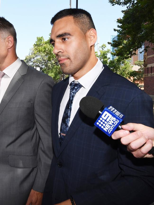 Penrith Panthers NRL player Tyrone May leaves Parramatta Local Court in January, 2020. AAP Image/Peter Rae.