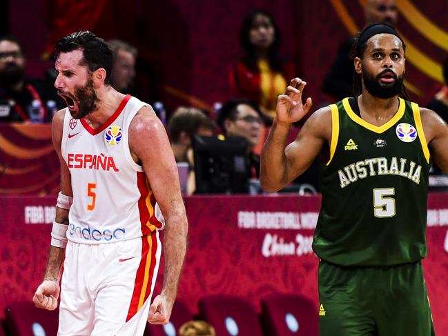 Rudy Fernandez of Spain celebrates during the semi-final 2019 World Cup semi final in Beijing. Picture: Di Yin/Getty Images.