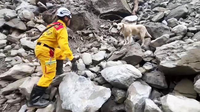 A rescuer in Hualien searching for earthquake victims. Picture: AFP