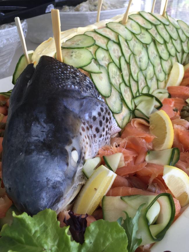 Lunch each day during the Test match is a sumptuous affair for the hard working media. Baked salmon is a favourite on the spread showcasing Tasmanian produce. Picture: JAMES BRESNEHAN