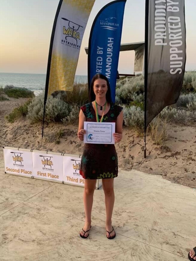 Shania Paine after taking out the National Australian Outrigger Canoe Womens Title in Perth. Supplied.