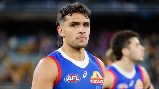 MELBOURNE, AUSTRALIA - SEPTEMBER 06: Jamarra Ugle-Hagan of the Bulldogs looks dejected after a loss during the 2024 AFL Second Elimination Final match between the Western Bulldogs and the Hawthorn Hawks at The Melbourne Cricket Ground on September 06, 2024 in Melbourne, Australia. (Photo by Dylan Burns/AFL Photos via Getty Images)