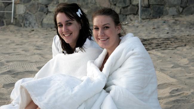 Tegan Edmundson and Sophie O'Brian at Mooloolaba Beach on New Year’s Day in 2007. Picture: David Thomas