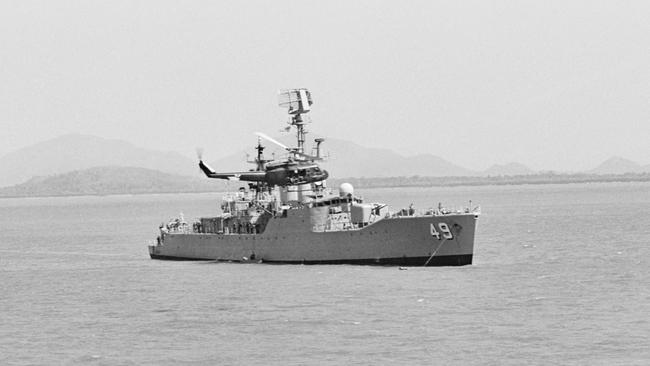 RAN River class destroyer escort HMAS Derwent D49 in Vung Tau harbour, South Vietnam. The River class destroyer escorts undertook escort duties in Vietnamese waters during the Vietnam War. They escorted the former aircraft carrier HMAS Sydney, which was converted to a fast troop transport, as well as other vessels used to carry personnel and equipment between Australia and Vietnam. The Derwent completed three operational escorts during the Vietnam War. Pic: The Australian War Memorial