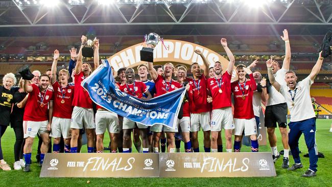 NPL men's grand final between Moreton Bay United and Gold Coast Knights, Knights celebrate win. Picture: Ian Judd