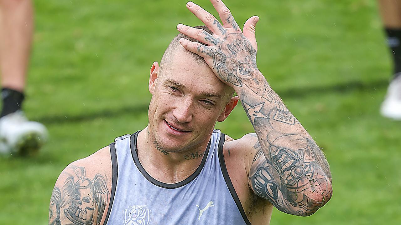 Dustin Martin had to be treated for a cut to his chin after a head knock during day one of Richmond’s pre-season camp at Inverloch on Wednesday. Picture: Ian Currie