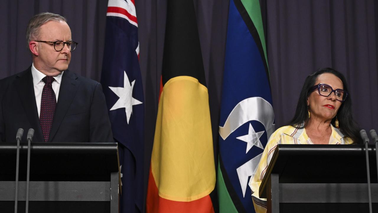 Anthony Albanese and Linda Linda Burney at a press conference after the Voice was defeated. Picture: NCA NewsWire / Martin Ollman