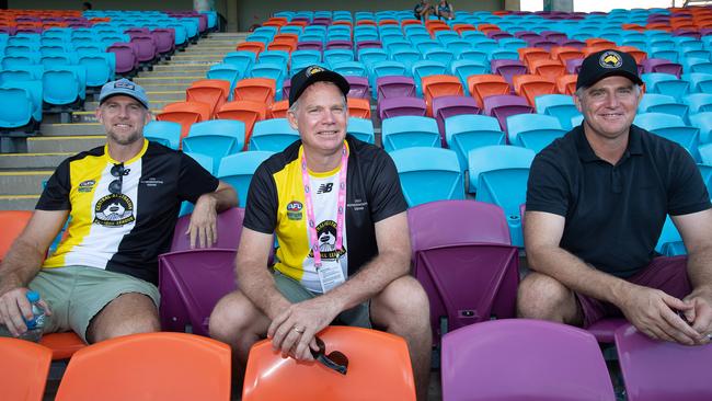 Bowden brothers Patrick, Sean (AFLNT chairman) and Joel (former AFL footballer) at the Gold Coast Suns AFL match vs Adelaide Crows at TIO Stadium this year. Picture: Pema Tamang Pakhrin