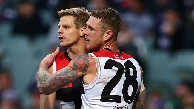 Nick Riewoldt and Tim Membrey celebrate a goal against Fremantle. Picture: Getty Images