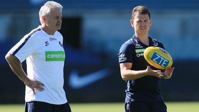 Carlton coach Brendon Bolton (right) with director of coaching Neil Craig. Picture: Wayne Ludbey