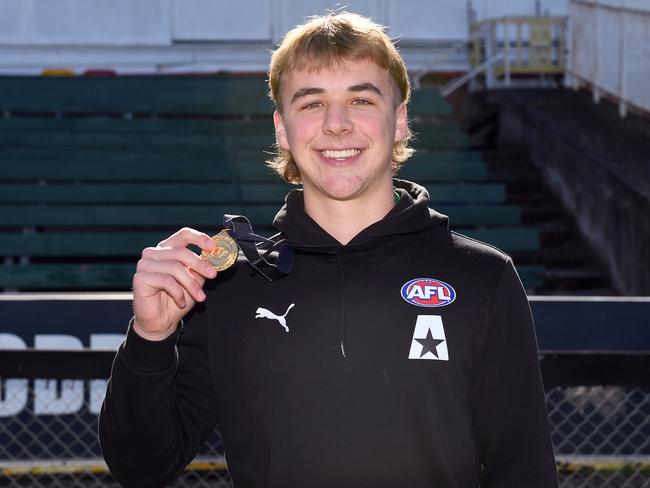 Launceston’s Ryley Sanders poses with the Larke Medal. (Photo by Morgan Hancock/AFL Photos via Getty Images)