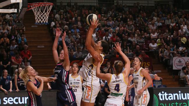 Liz Cambage in action for Melbourne Boomers against Adelaide Lightning. Picture: AAP