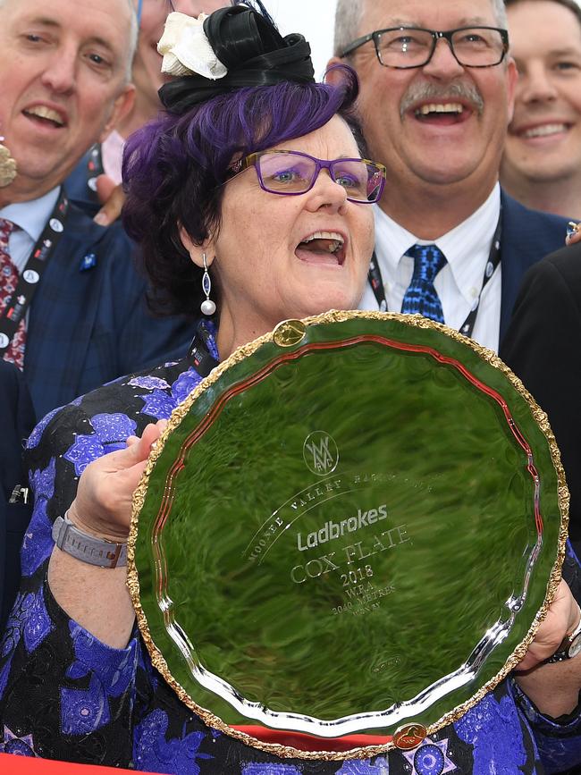 Winx part owner Debbie Kepitis with the Cox Plate in October 2018. Picture: AAP/Julian Smith