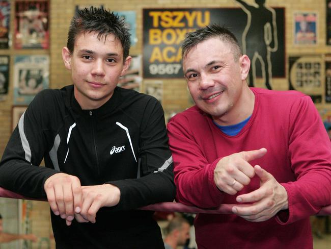 Tim (then 14) with his father Kostya Tszyu at Kostya's Boxing Academy gym at Rockdale in Sydney.