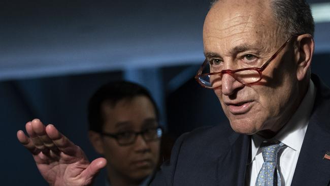 Senate Minority Leader Chuck Schumer speaks to reporters before a meeting with a select group of Senate Republicans, Senate Democrats, and Trump administration officials in the Hart Senate Office Building on Capitol Hill. Picture: Drew Angerer / Getty.