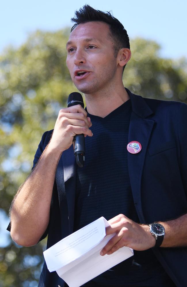 Ian Thorpe speaks after watching the same sex marriage vote result announcement during a picnic held by the Equality Campaign at Prince Regent Park in Sydney, Wednesday, November 15, 2017. Picture: AAP Image/David Moir