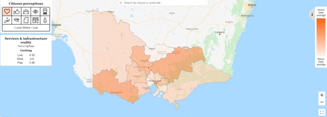 The heat map indicates where Victorians are most and least satisfied in each key survey topic, for example 'I Love Where I Live'.