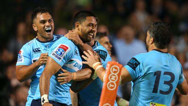 Curtis Rona celebrates scoring a try in the round one defeat to the Hurricanes. Picture: Getty