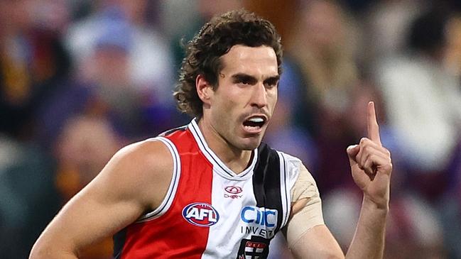 BRISBANE, AUSTRALIA - JUNE 14: Max King of the Saints celebrates a goal during the round 14 AFL match between Brisbane Lions and St Kilda Saints at The Gabba, on June 14, 2024, in Brisbane, Australia. (Photo by Chris Hyde/AFL Photos/via Getty Images)