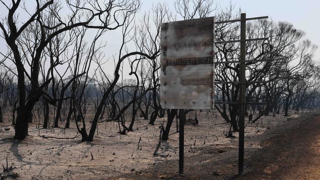 The aftermath at Kangaroo Island Wilderness Retreat on south coast Road, Flinders Chase, after fire ripped through the Flinders Chase National Park on Friday. Picture: Emma Brasier