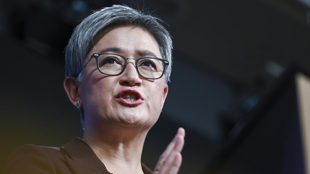 Penny Wong addresses the National Press Club in Canberra. Picture: NCA NewsWire / Martin Ollman