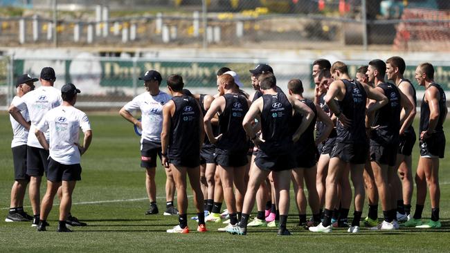 Carlton players listen on to the football department at Ikon Park. Picture: AFL Photos via Getty Images