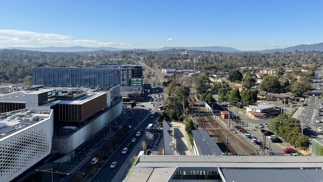 A view towards the Dandenong Ranges from the top of the 11-storey EastCo tower in Ringwood, Maroondah’s new tallest building. Picture: Kiel Egging.