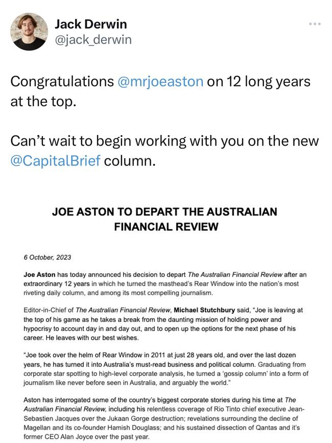 Joe Aston's resignation from the Financial Review has social media buzzing. Photo: X