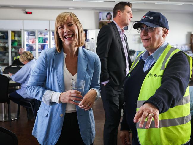 The NSW Transport Minister Jo Haylen and independent MP for Wakehurst, Michael Regan, speak with drivers including Allan Hodgson at the Keolis Downer bus depot at Brookvale. Picture: NSW Government