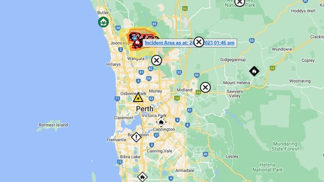 A fire has burnt through 1800 hectares of Perth’s northern suburbs on Friday. Picture: Emergency WA