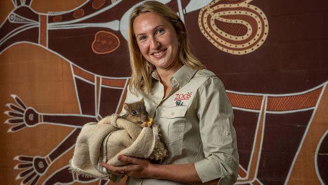 Claire Hartvigsen-Power with Bettong Rambo at Adelaide Zoo. Picture: Naomi Jellicoe