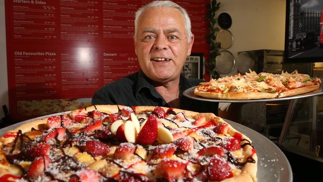 Ron Rezuk from Creative Pizza with a Valentino dessert pizza and Salmon Avocado pizza. Picture by Scott Fletcher