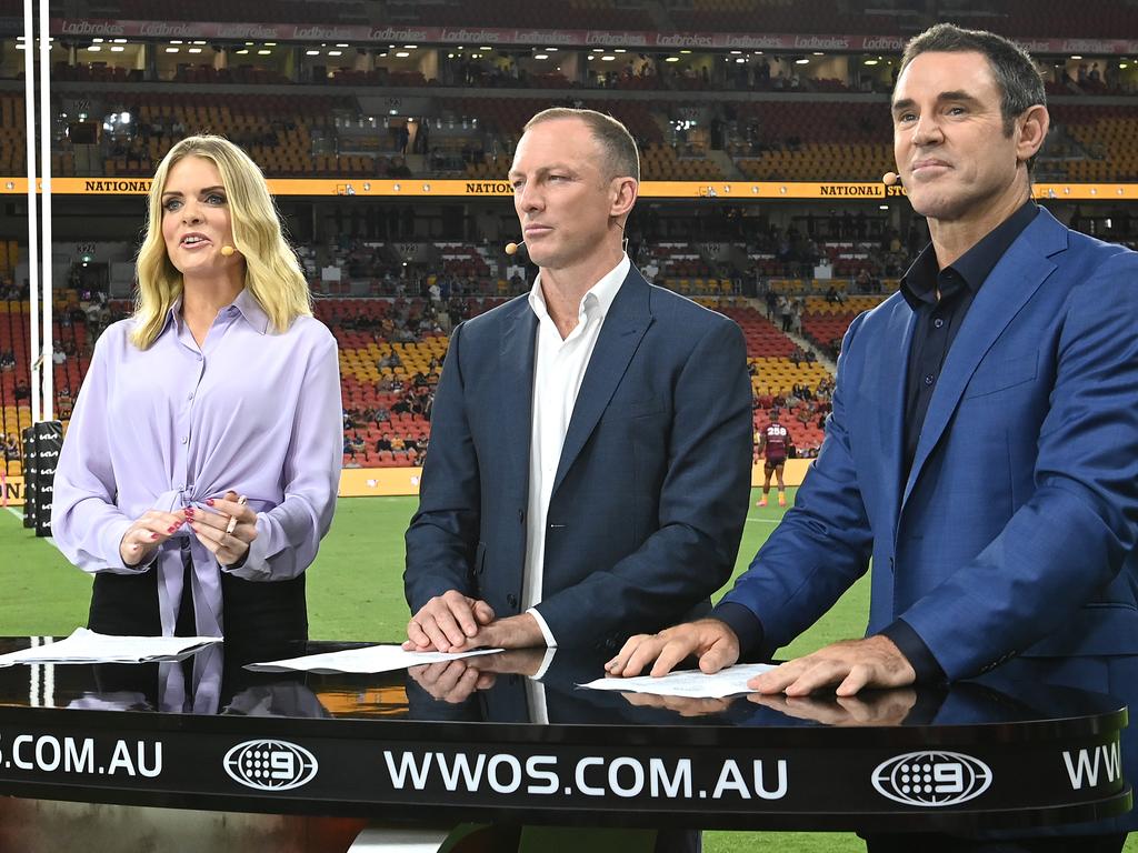 Molan with Darren Lockyer and Brad Fittler covering the NRL. Picture: Bradley Kanaris/Getty Images