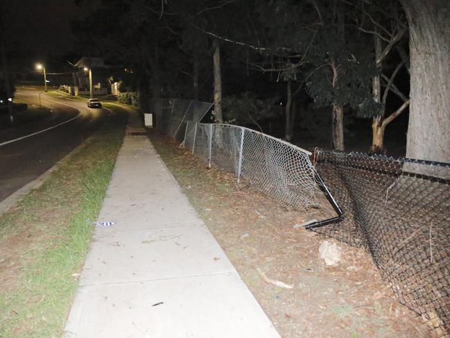 Damaged fencing and tire marks where a fatal accident occurred in Oatlands. Picture: Steve Tyson