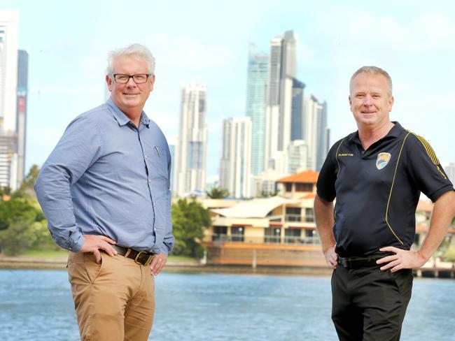 L-R Sports Gold Coast chairman Geoff Smith and Gold Coast United chairman Danny pictured in Southport. The pair are behind a push for a 5000-seat stadium on the GC. Maher Picture Mike Batterham