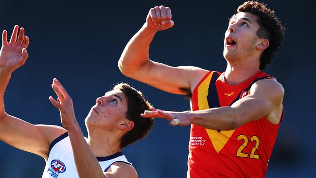 Central District’s Will McCabe leaps to spoil for South Australia against Vic Country at the AFL under-18 championships. Picture: Graham Denholm/AFL Photos via Getty Images