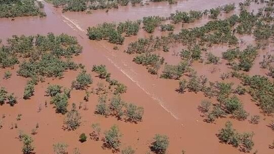 Aerial photos of the Vic River Roadhouse during the March 2023 floods of the Victoria River. Photo: Supplied/Bill Mcleod.