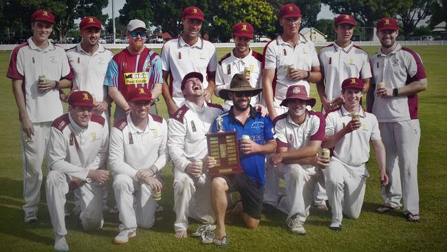 Donkey horsing around: Ulmarra Hotel Tucabia Copmanhurst's Matt Dougherty rubs the premiership win into his Brothers Clocktower Hotel opponents by photobombing their team photo with the premiership trophy after the 2020/21 GDSC Premier League grand final at Ellem Oval on Sunday, 28th March, 2021.