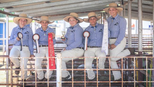 CDU Katherine rural campus students Bianca Gamble, Drew Cook, Jordan Cavanagh, Ashley Downman, and Sharnikwa Brown at the Royal Darwin Show Picture: Glenn Campbell