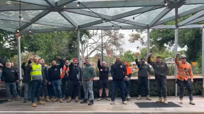 Angry CFMEU protesters interrupted Opposition Leader Matthew Guy’s press conference on Tuesday morning, shouting ‘hands off our jobs’. Picture: Twitter