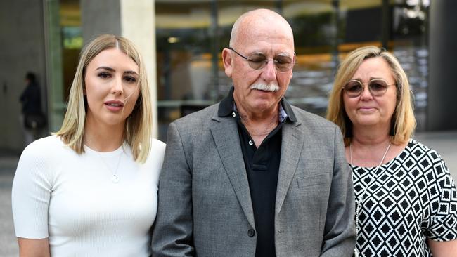 Family of deceased man Samuel Thompson (from left) sister Courtney and parents Bruce and Debbie outside the Supreme Court in Brisbane. Picture: NCA NewWire / Dan Peled