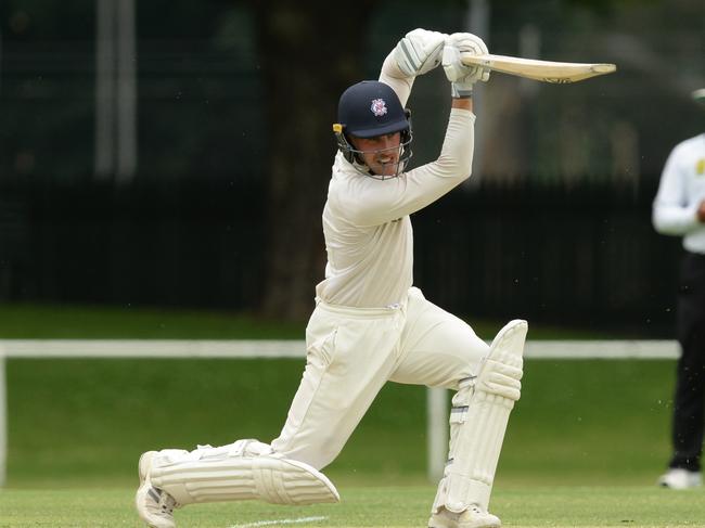 Victorian Premier cricket: Melbourne v Dandenong at the Albert Ground. Melbourne batsman Blake Thomson cracks a four. Picture: AAP/ Chris Eastman