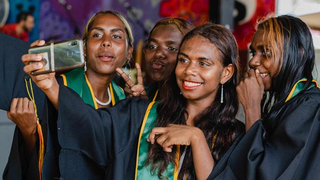 Class of 2020: Our Lady of the Sacred Heart Year 12 graduates Brody Karui, Concepta Karui, Jazz Dumoo and Mary Papuli in Wadeye, Northern Territory. Picture: Courtney Davies