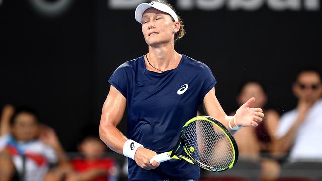 BRISBANE, AUSTRALIA — DECEMBER 31: Samantha Stosur of Australia looks dejected after losing a point in her match against Anastasija Sevastova of Latvia during day one at the 2018 Brisbane International at Pat Rafter Arena on December 31, 2017 in Brisbane, Australia. (Photo by Bradley Kanaris/Getty Images)