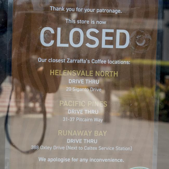 Sign on the door of Zarraffa’s at Westfield Helensvale. Picture: Jerad Williams