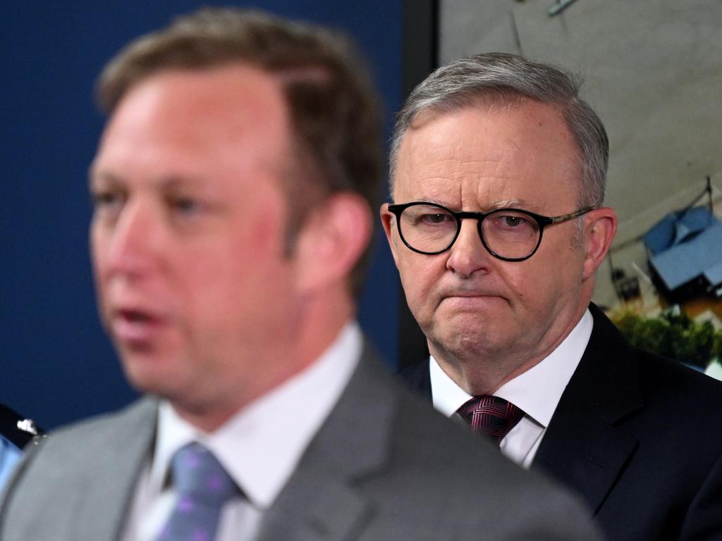 Premier Steven Miles speaks as Prime Minister Anthony Albanese looks on. Picture: Dan Peled/NCA NewsWire