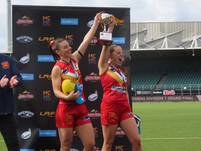 Meander Valley co-captains Caitlyn Lee and Emma Groves with last year’s cup. Picture: Jon Tuxworth